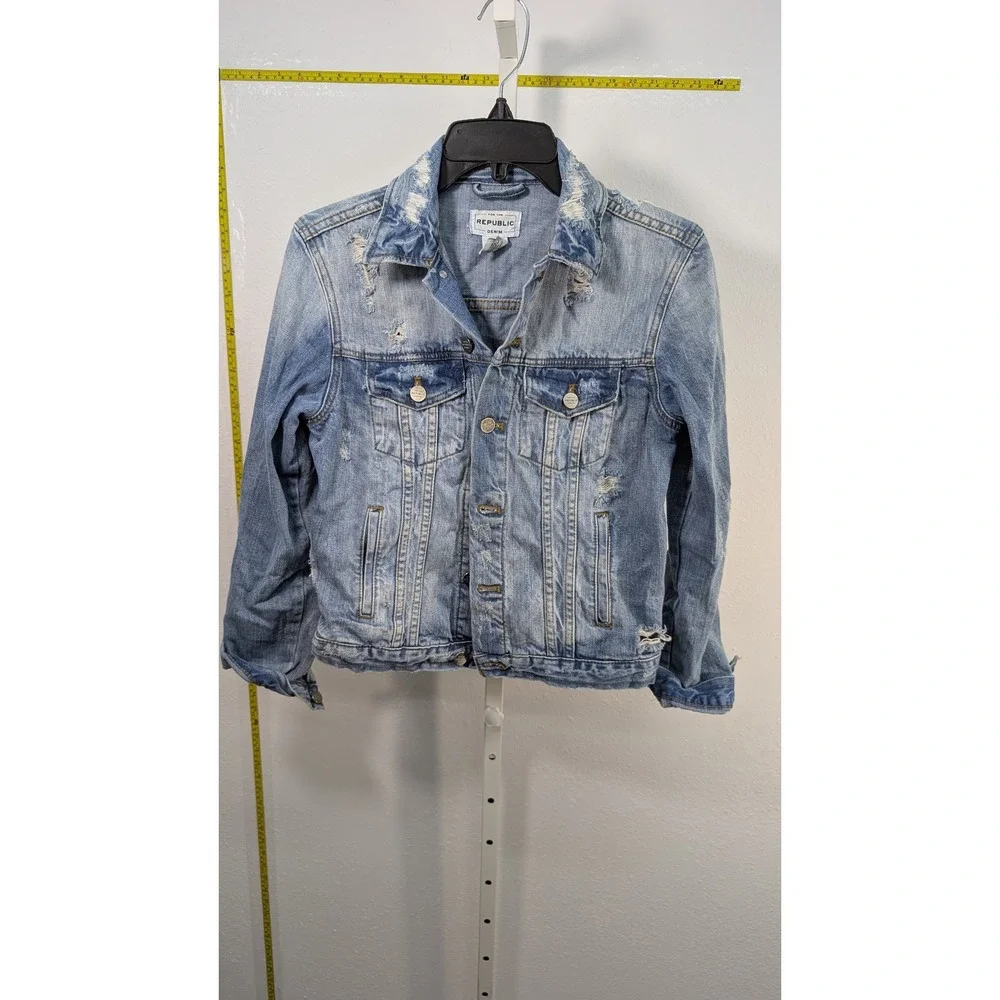 For The Republic Denim Jacket Women XS Blue Distressed Rhinestone Buddha Trucker